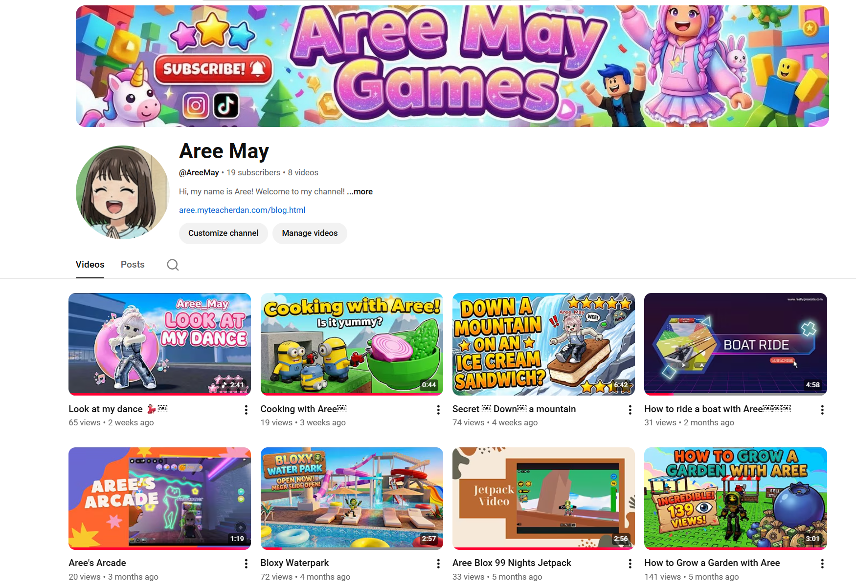 Aree's YouTube channel with 8 videos and 19 subscribers